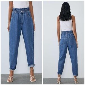 Zara Baggy Paper Bag Jeans High Waisted Elastic Waistband Blue 100% Cotton Sz 6